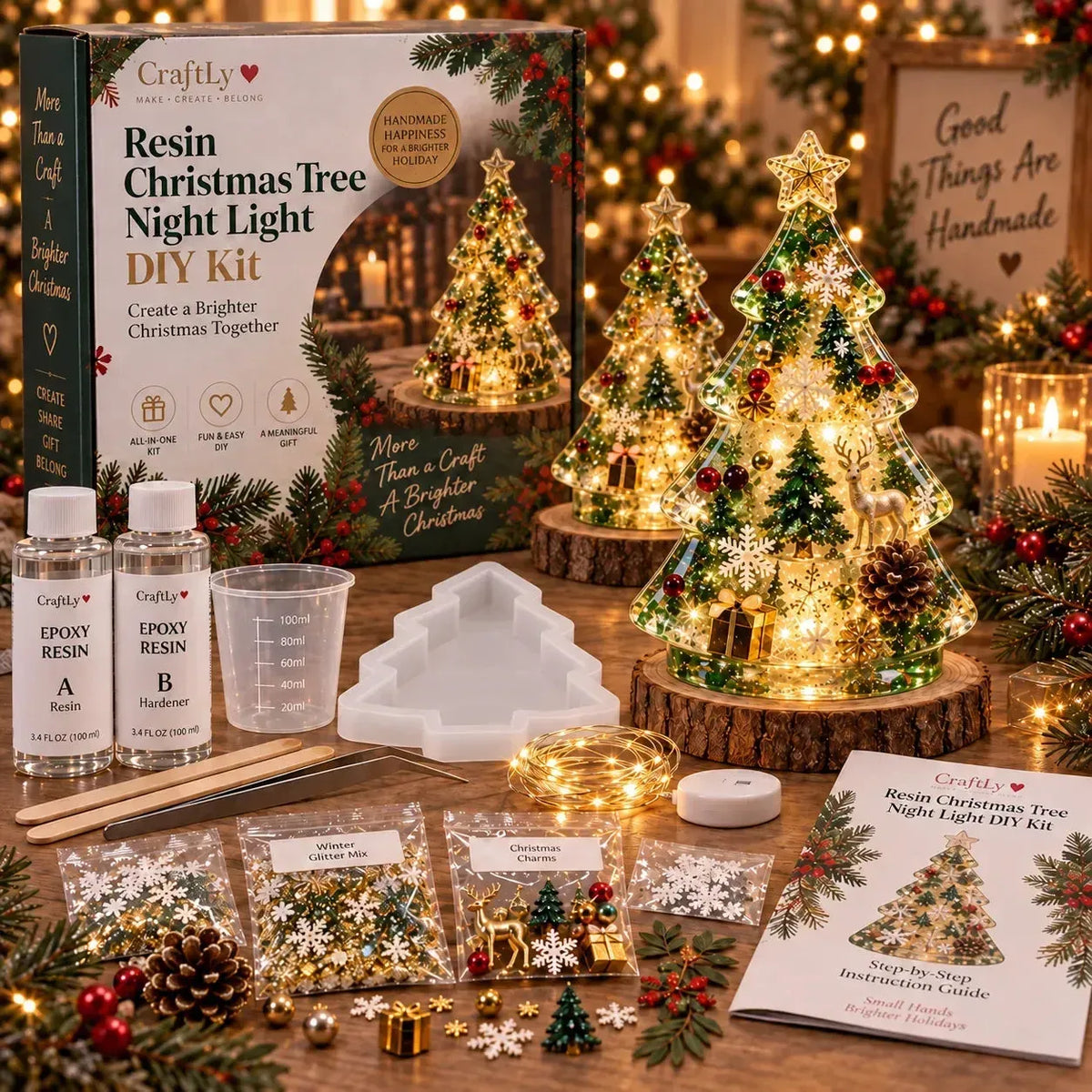 ⏳ Last Day 49% OFF – 🎄Beginner-Friendly Resin Christmas Tree Night Light DIY Kit | Mold, Resin, Fairy Lights & Festive Decorations Included ✨