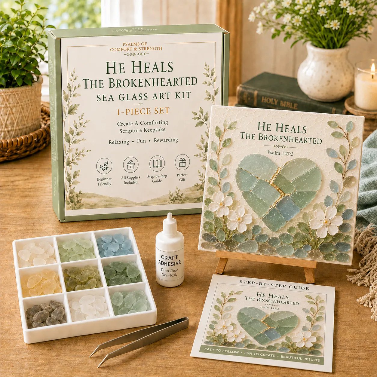 ✨Genuine Sea Glass Treasures✝️Psalms of Comfort & Strength Sea Glass Art Kit-🌊Shaped by Sea Nature & Crafted by Hand