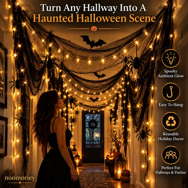 🎃 Haunted Halloween Gauze Drapes – Spooky Web-Like Fabric for Doorways, Hallways & Party Decor