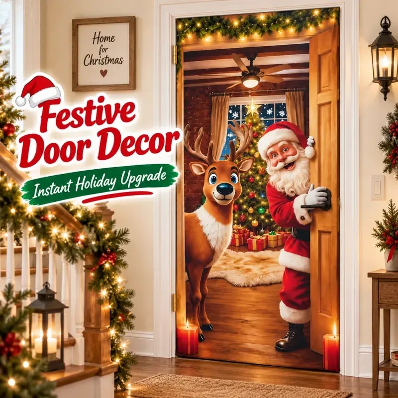 🔥Last Day 50% OFF - Santa Christmas Door Cover with Elastic Edges | Reusable Holiday Decor