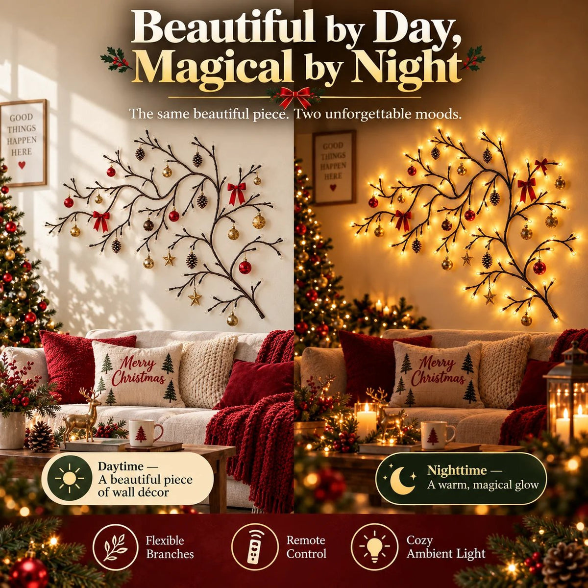 ✨ Flexible LED Branch Lights | Remote-Controlled Holiday Wall Decor(📦Buy 2 Free Shipping)