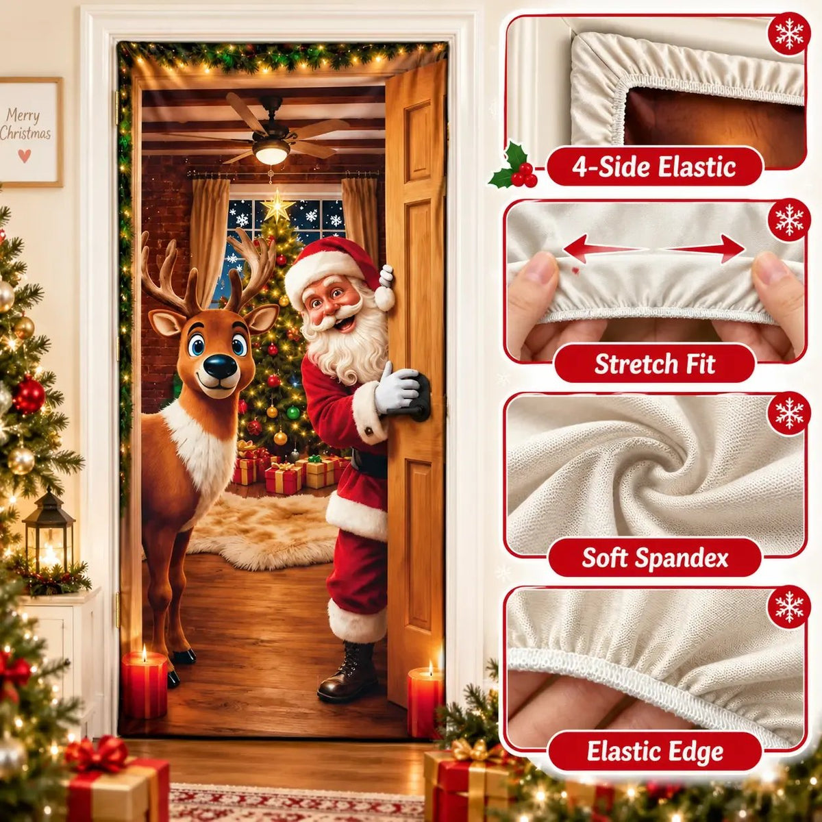 🔥Last Day 50% OFF - Santa Christmas Door Cover with Elastic Edges | Reusable Holiday Decor