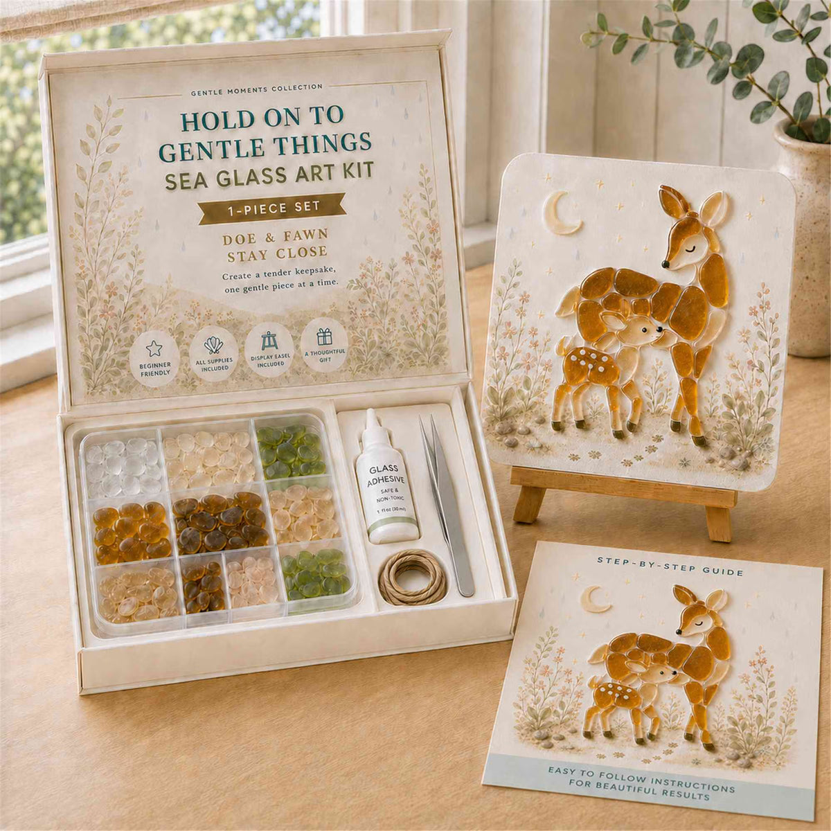 🧘Relaxing & Beginner-Friendly-🌊DIY Cute Animals Sea Glass Art Kit with Display Easel and Complete Supplies(✨Genuine Sea Glass Treasures)