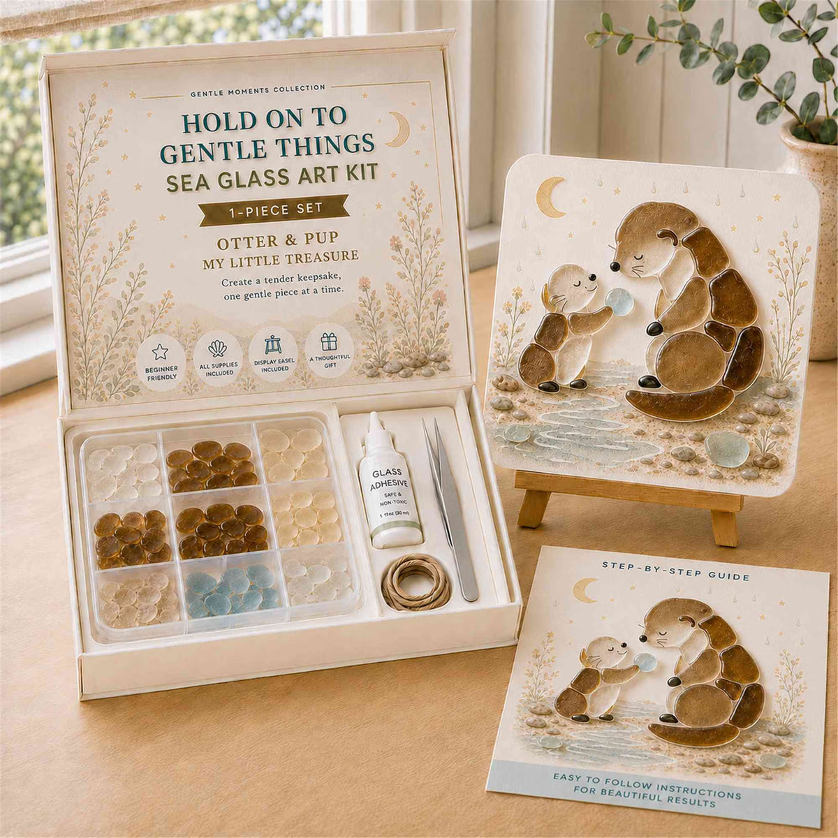 🧘Relaxing & Beginner-Friendly-🌊DIY Cute Animals Sea Glass Art Kit with Display Easel and Complete Supplies(✨Genuine Sea Glass Treasures)