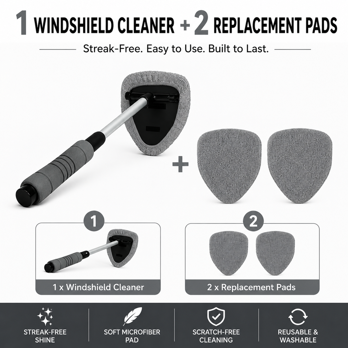 🔥 Windshield Cleaning Tool, Microfiber Car Window Cleaner with 4 Reusable and Washable Microfiber Pads and Extendable Handle