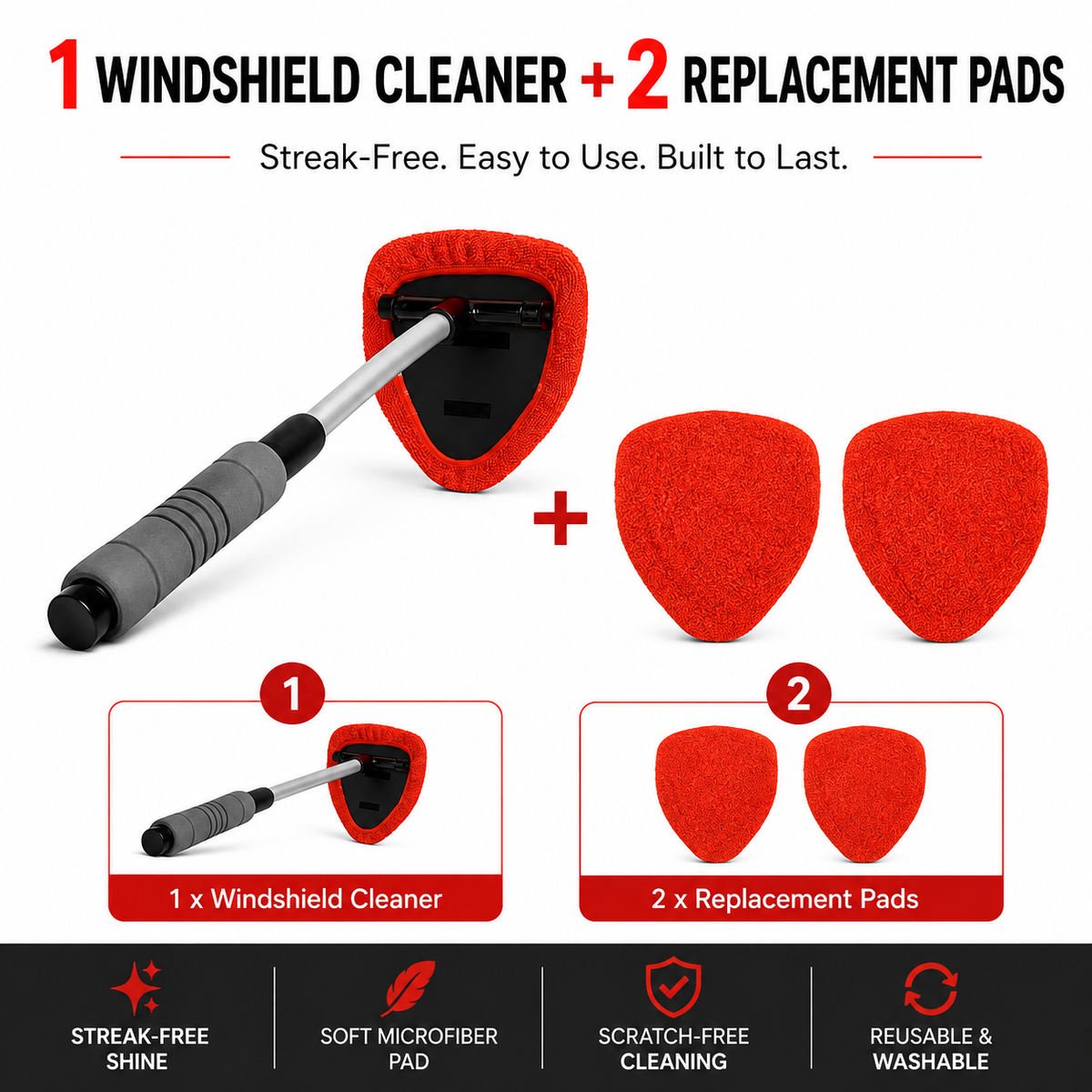 🔥 Windshield Cleaning Tool, Microfiber Car Window Cleaner with 4 Reusable and Washable Microfiber Pads and Extendable Handle