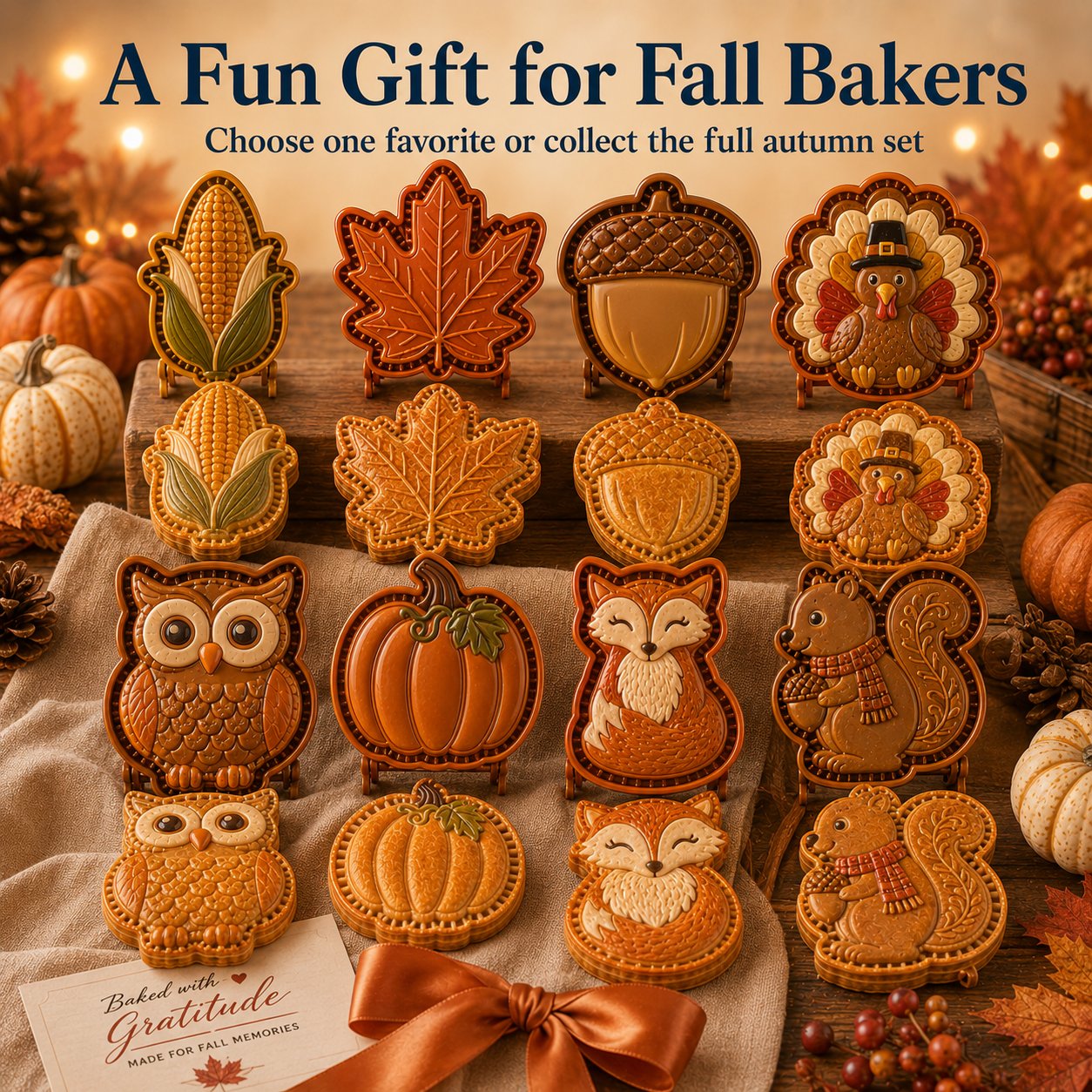 🍂 8-Design Fall Mini Pie Mold Collection | Reusable Embossed Molds for Shaping Detailed Owl, Fox, Turkey, Pumpkin, Acorn & More 🥧✨