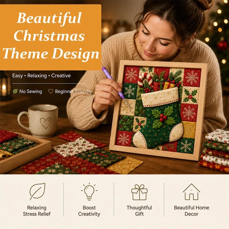 🎄Premium DIY Christmas Fabric Art Painting Kit | No-Sew Layered Fabric Craft with Reindeer, Sleigh, Christmas Tree & Snowflake Details 🎨✨