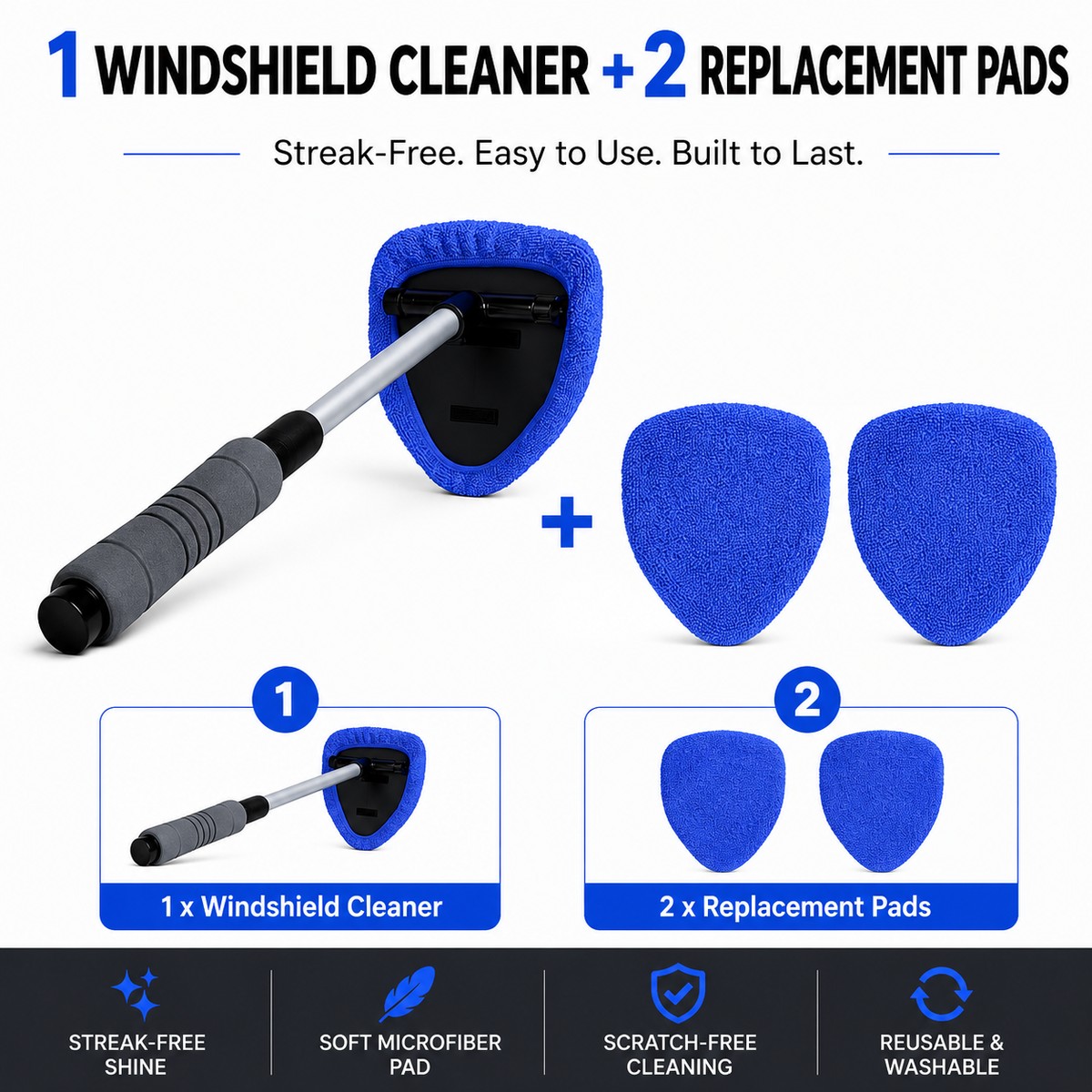 🔥 Windshield Cleaning Tool, Microfiber Car Window Cleaner with 4 Reusable and Washable Microfiber Pads and Extendable Handle