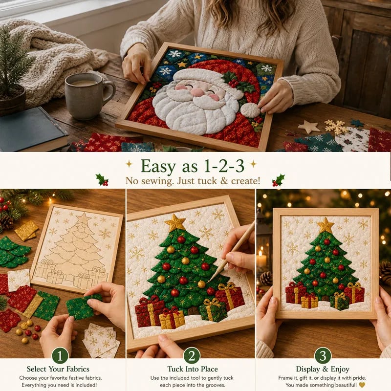 🎄Premium DIY Christmas Fabric Art Painting Kit | No-Sew Layered Fabric Craft with Reindeer, Sleigh, Christmas Tree & Snowflake Details 🎨✨