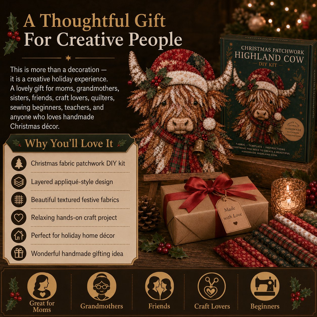 🧘Relaxing & Beginner-Friendly-🎅Christmas Patchwork Fabric DIY Decor Kit – Stunning Results, Zero Experience Needed