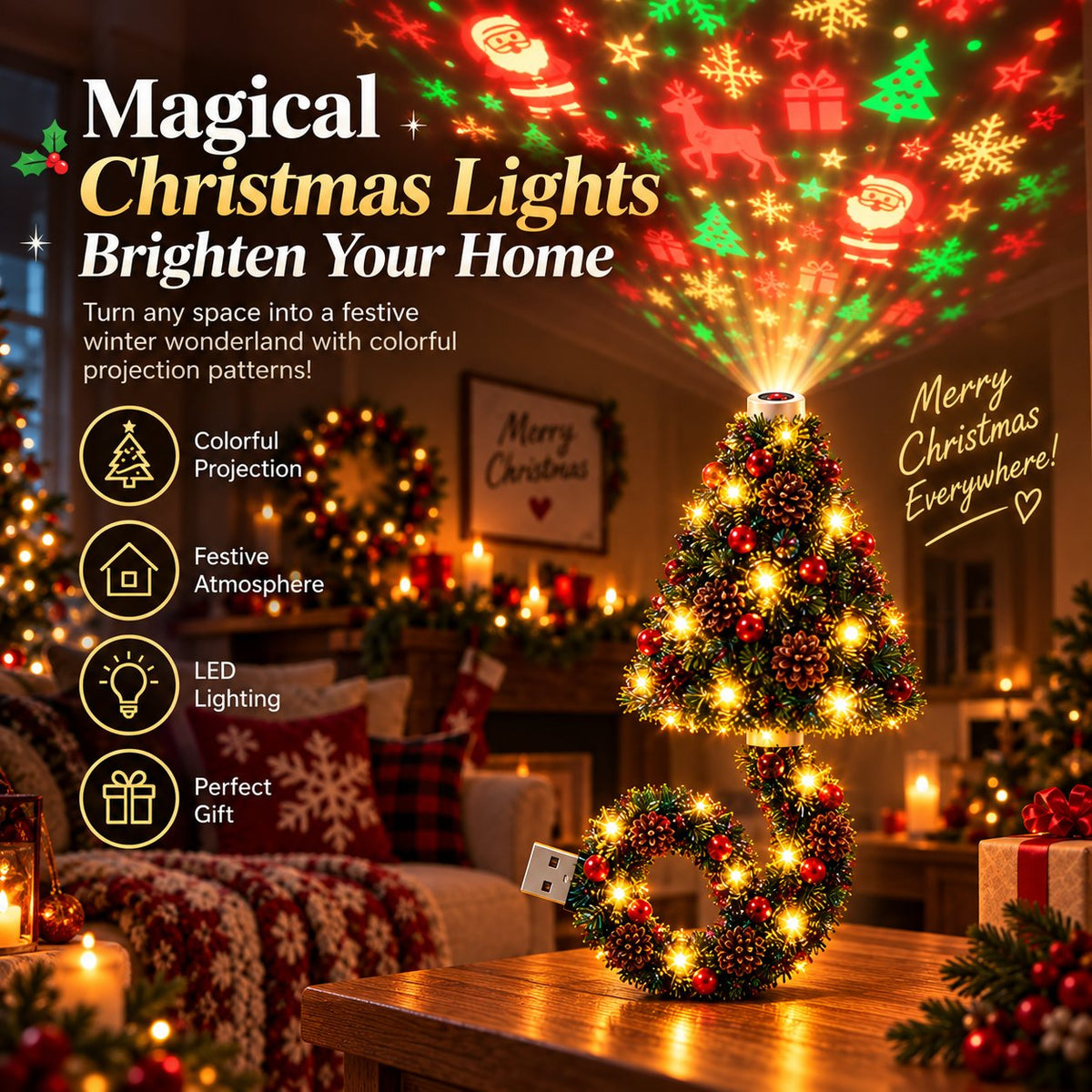 Magical Christmas Tree USB Projector Light – Festive Holiday Atmosphere Lamp