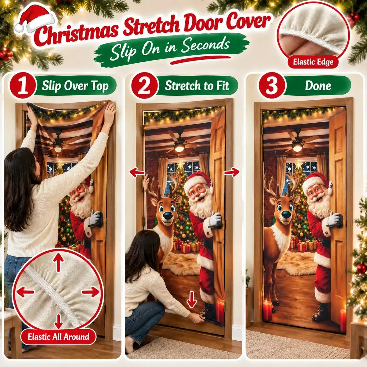🔥Last Day 50% OFF - Santa Christmas Door Cover with Elastic Edges | Reusable Holiday Decor