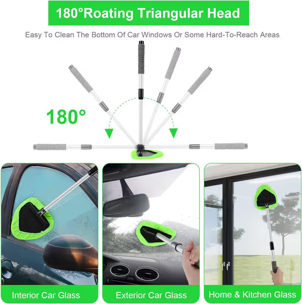 🔥 Windshield Cleaning Tool, Microfiber Car Window Cleaner with 4 Reusable and Washable Microfiber Pads and Extendable Handle