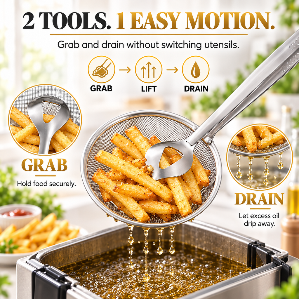 2-in-1 Spider Strainer Tongs – Stainless Steel Frying & Draining Tool