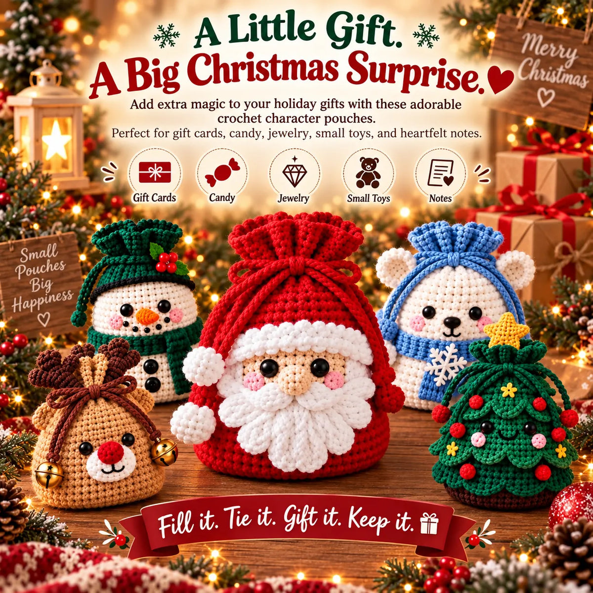 ⏰ Last Day 50 OFF% 🔥🎄 Christmas Crochet Character Gift Pouch – 12 Festive Designs ❤️