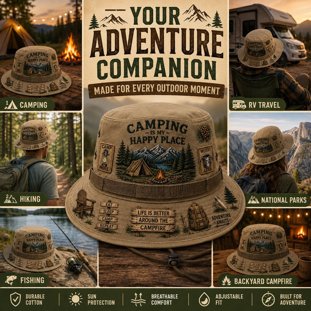 ⭐Limited Edition Release-🏕️Camping Is My Happy Place™ Boonie Hat(❤Ultra-Breathable & Lightweight Comfort & Unisex Fit)