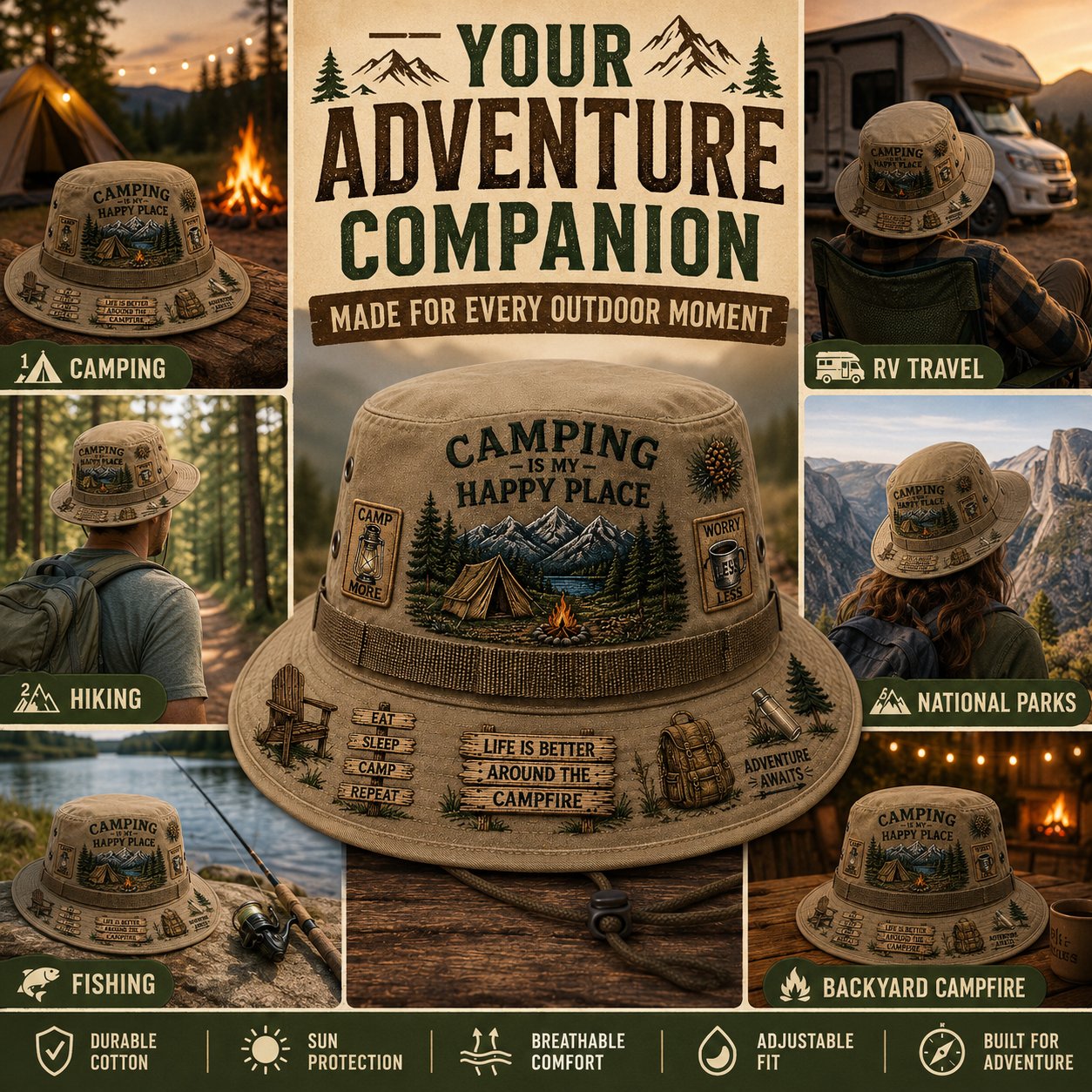 ⭐Limited Edition Release-🏕️Camping Is My Happy Place™ Boonie Hat(❤Ultra-Breathable & Lightweight Comfort & Unisex Fit)