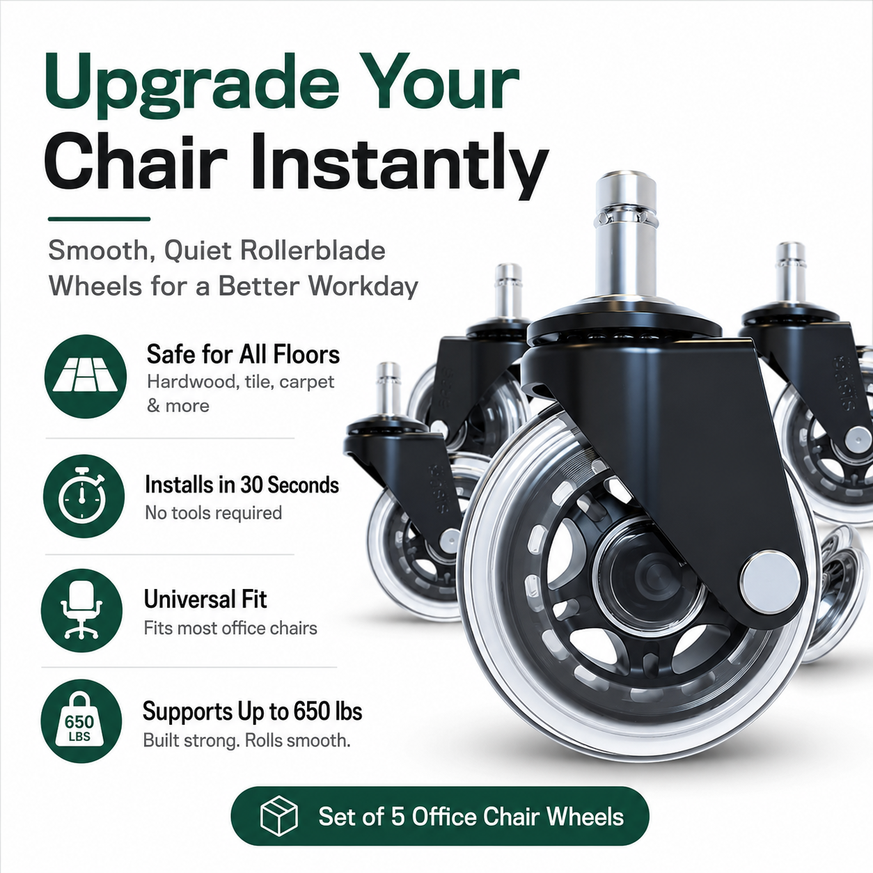 🔥Premium Inline-Style Office Chair Wheels – Universal Fit • Easy Install