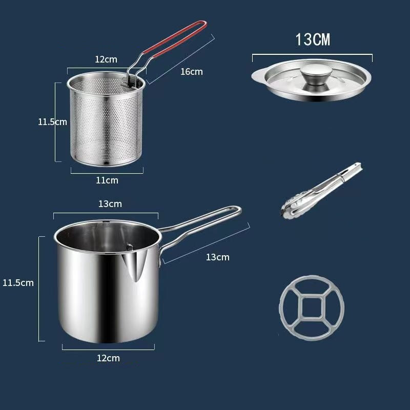 🍟 Personal Mini Deep Fryer Set – Stainless Steel Pot with Lift-Out Draining Basket & Food Tongs