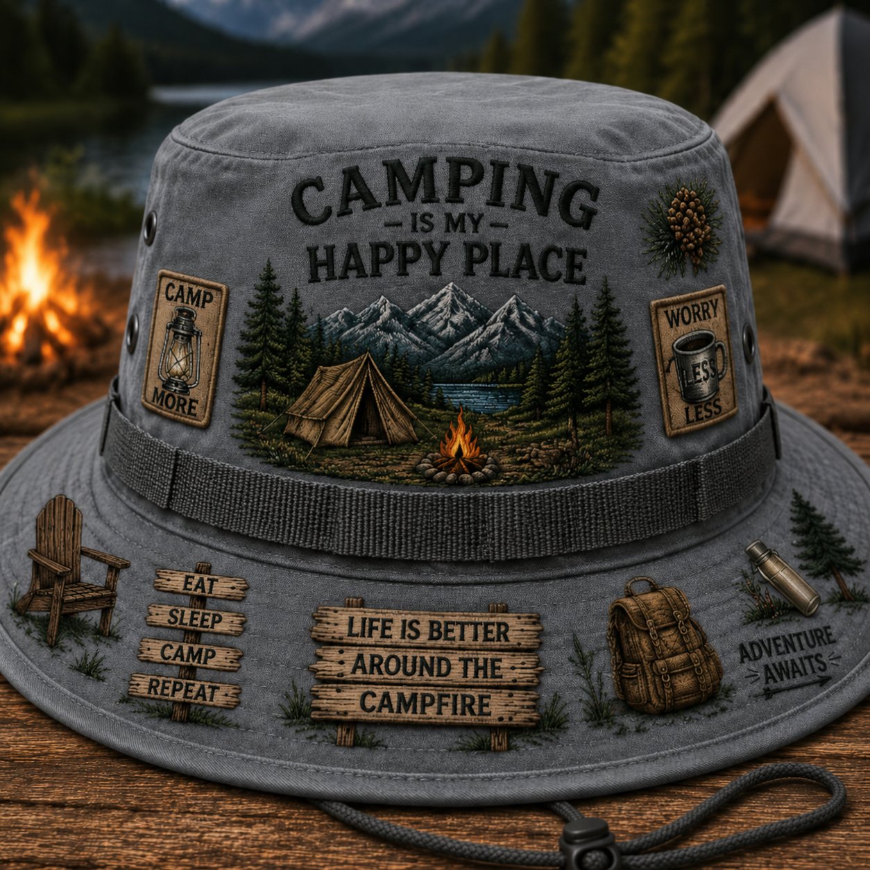 ⭐Limited Edition Release-🏕️Camping Is My Happy Place™ Boonie Hat(❤Ultra-Breathable & Lightweight Comfort & Unisex Fit)