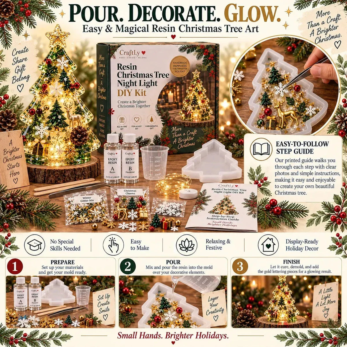 ⏳ Last Day 49% OFF – 🎄Beginner-Friendly Resin Christmas Tree Night Light DIY Kit | Mold, Resin, Fairy Lights & Festive Decorations Included ✨