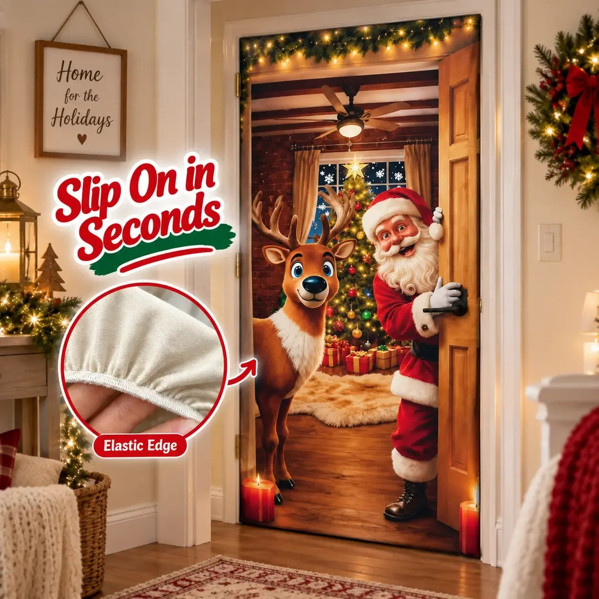 🔥Last Day 50% OFF - Santa Christmas Door Cover with Elastic Edges | Reusable Holiday Decor
