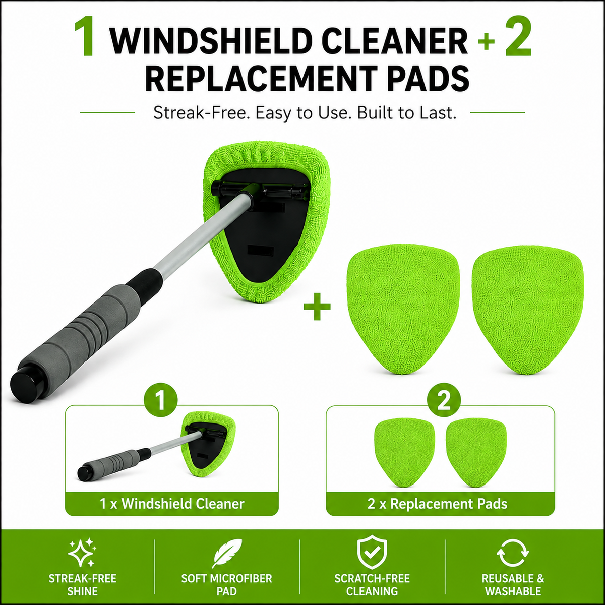 🔥 Windshield Cleaning Tool, Microfiber Car Window Cleaner with 4 Reusable and Washable Microfiber Pads and Extendable Handle